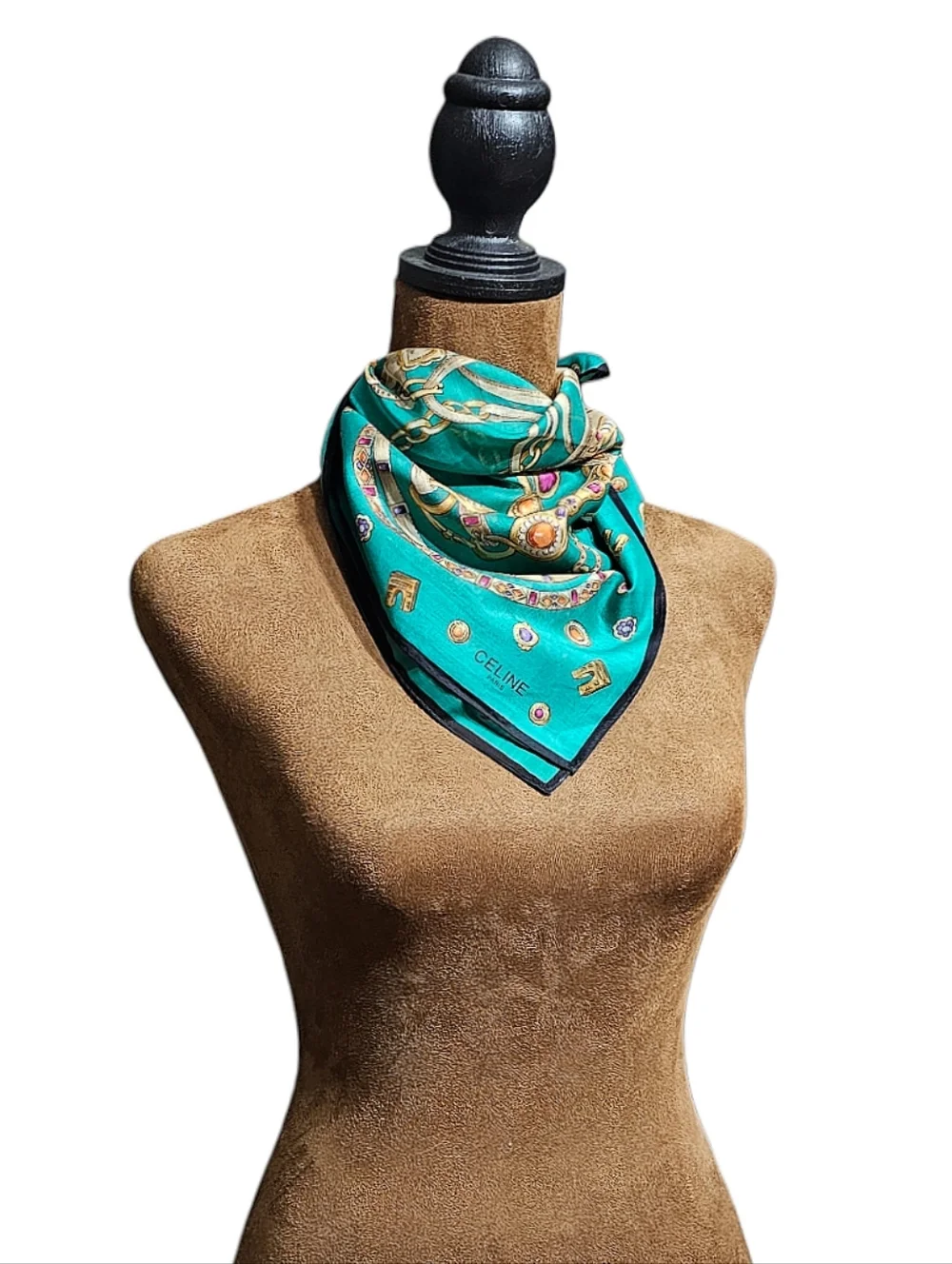 Celine Turquoise Silk Scarf with Gold and Jewel Accents